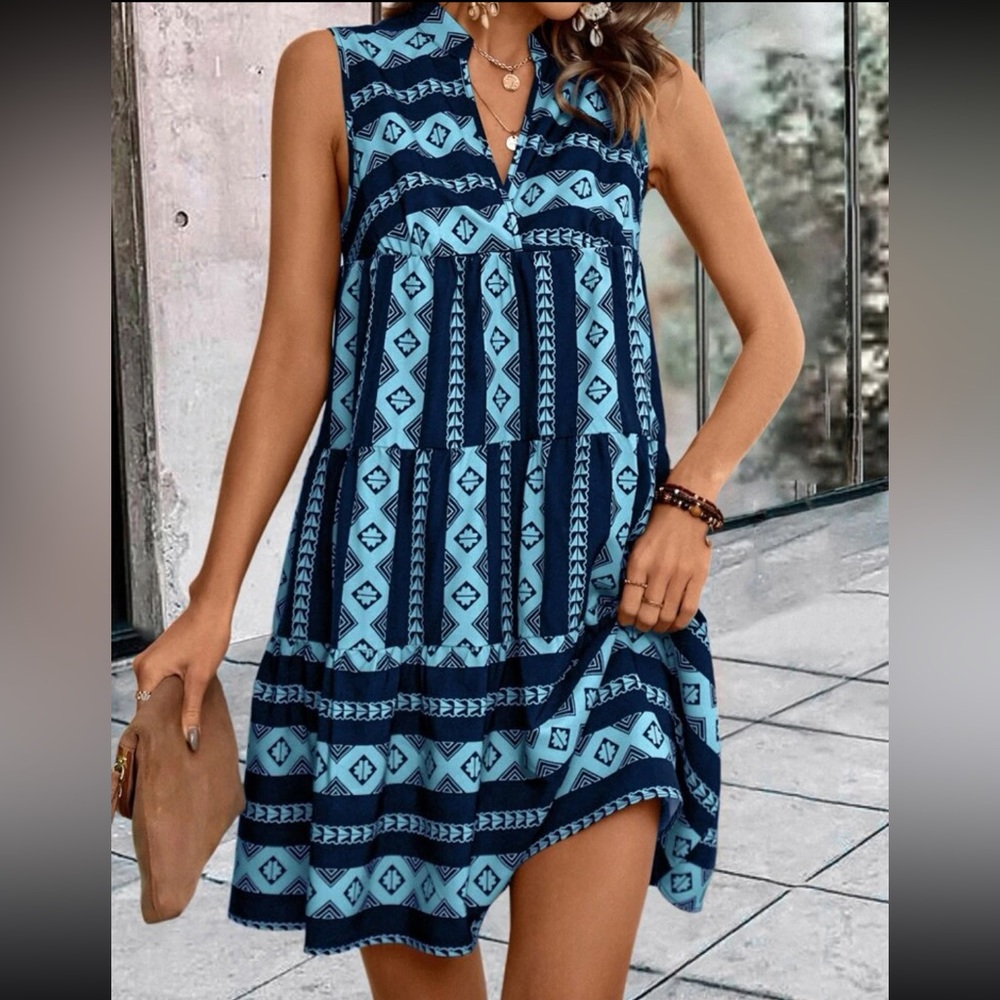 Boho Geometric Abstract Print Sleeveless Collar Dress - Picture 5 of 12
